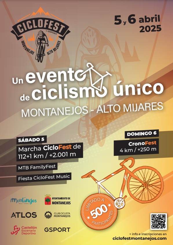 Cartel del ciclofest.  Eventos y actividades en Montanejos en abril de 2025. 