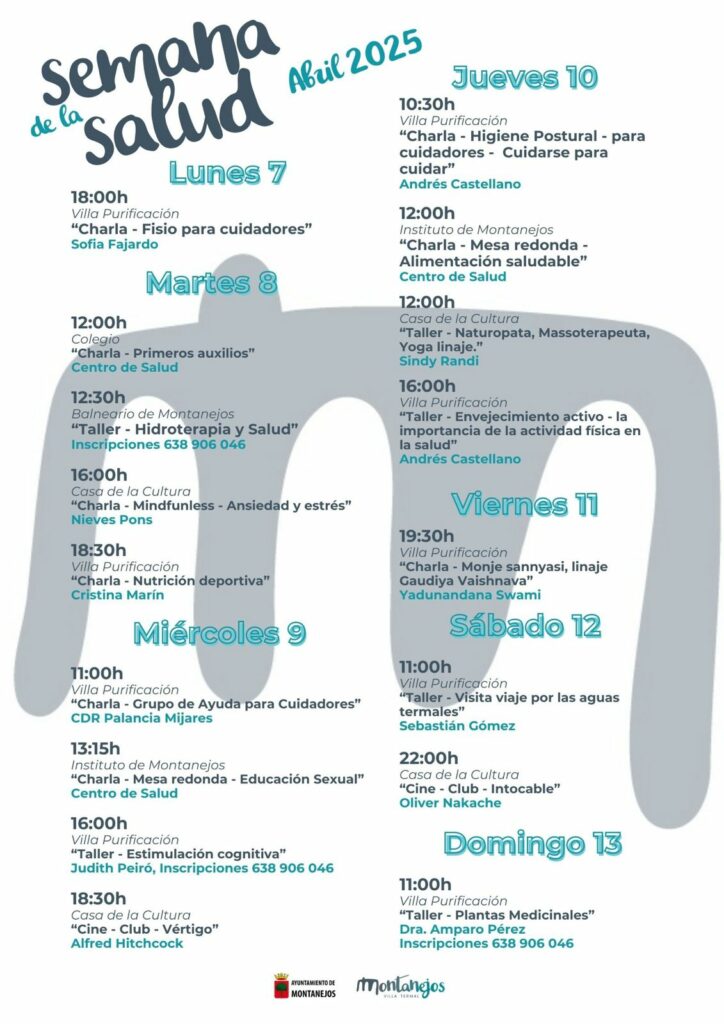 Programación de la semana de la salud.  Eventos y actividades en Montanejos en abril de 2025. 