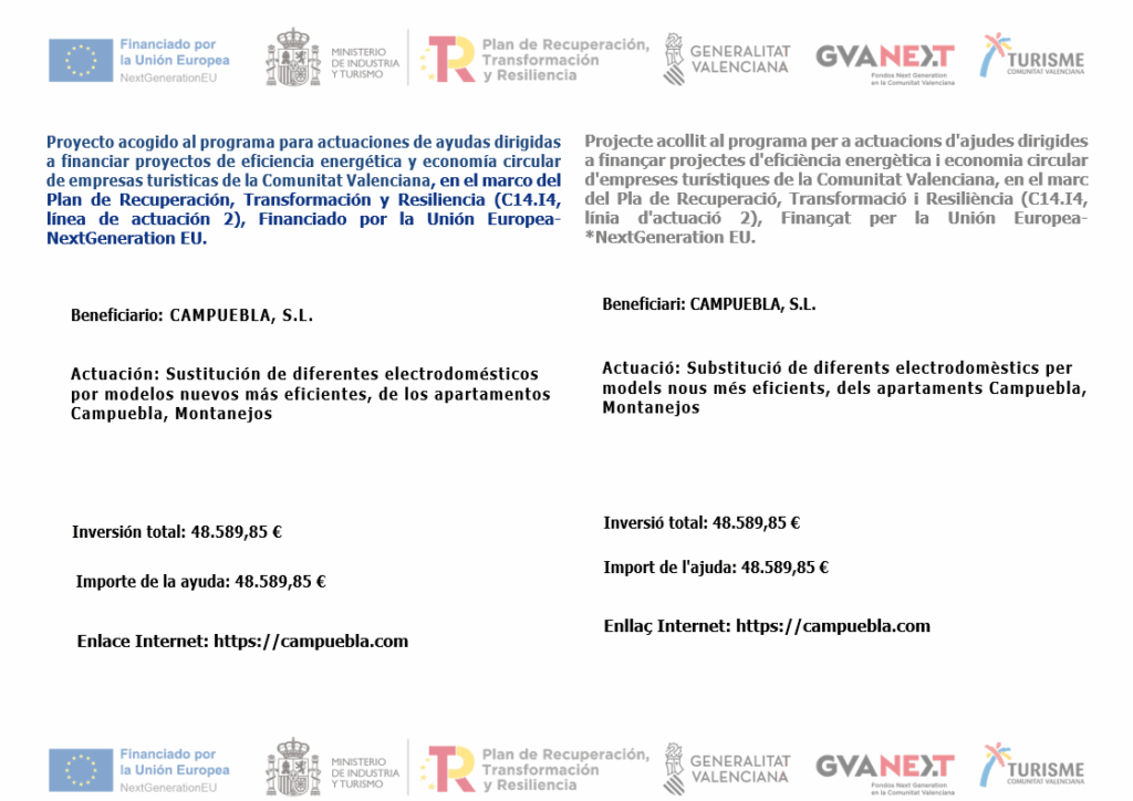 Renovación de electrodomésticos más eficientes en Apartamentos Campuebla gracias a la financiación de la Unión Europea – NextGeneration EU.